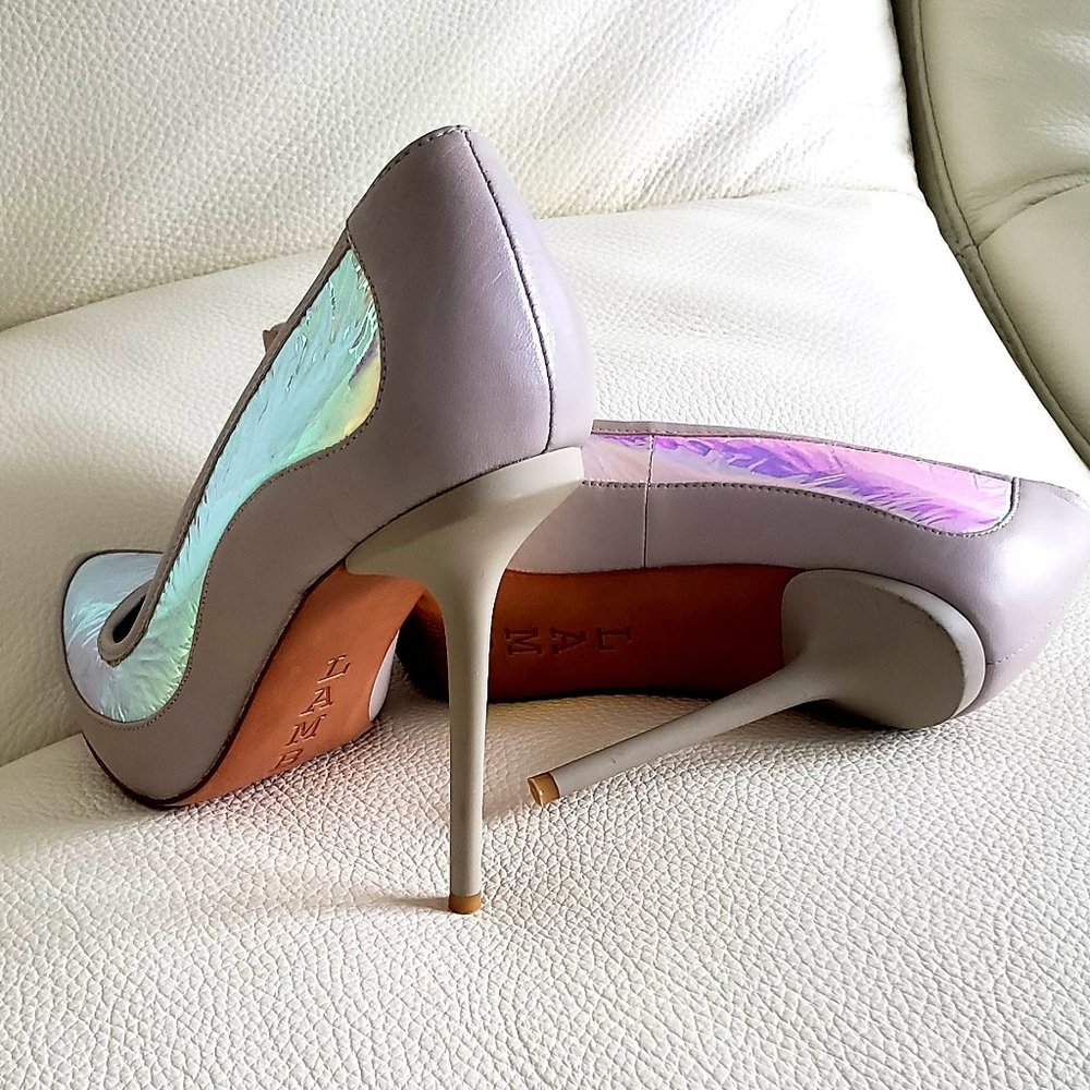 L.A.M.B.  Gwen Stefani Gray Leather Iridescent Heels, Size 8.5M - Picture 3 of 5